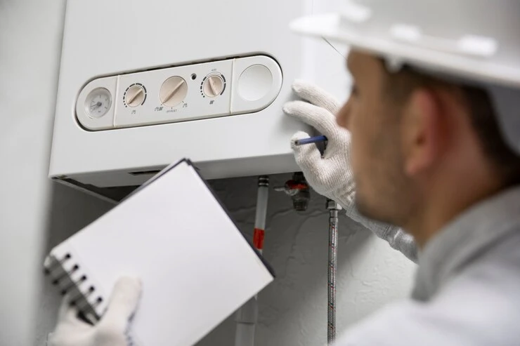 worker-repairing-water-heater-all-shore-plumbing-heating-cooling